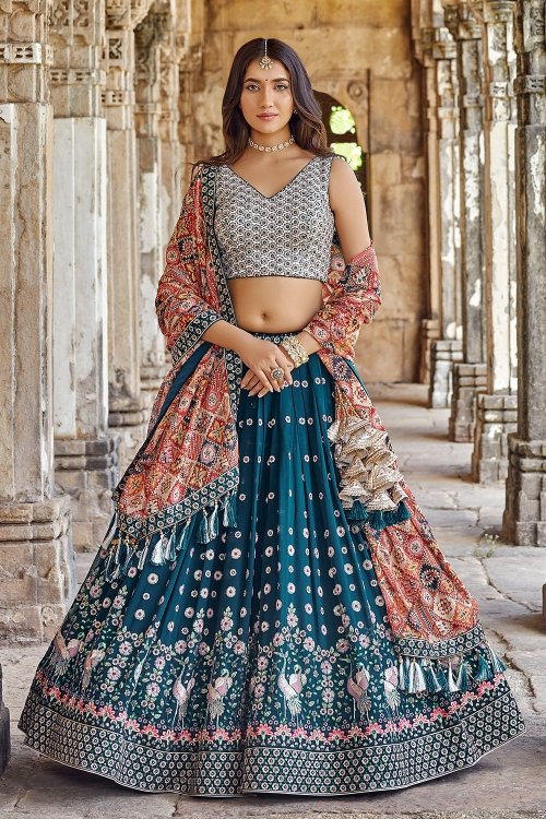 Rama Blue Georgette Embroidered Lehenga with Bird Motifs