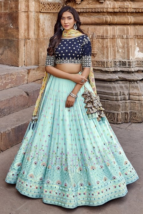 Sky Blue Georgette Flared Lehenga with Sequins Work