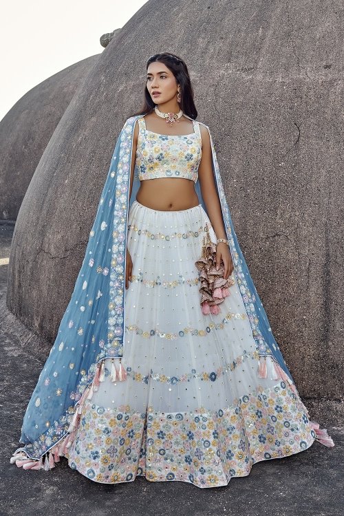 Off White Georgette Floral Embroidered Lehenga