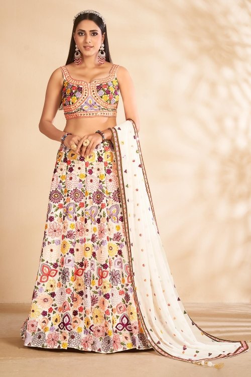 Off White Georgette All Over Embroidered Lehenga