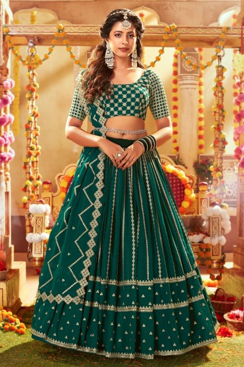 Teal Green Georgette Lehenga with Embroidery