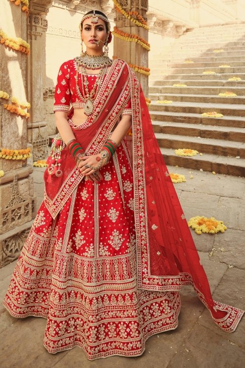 Red Silk Bridal Lehenga with Embroidery