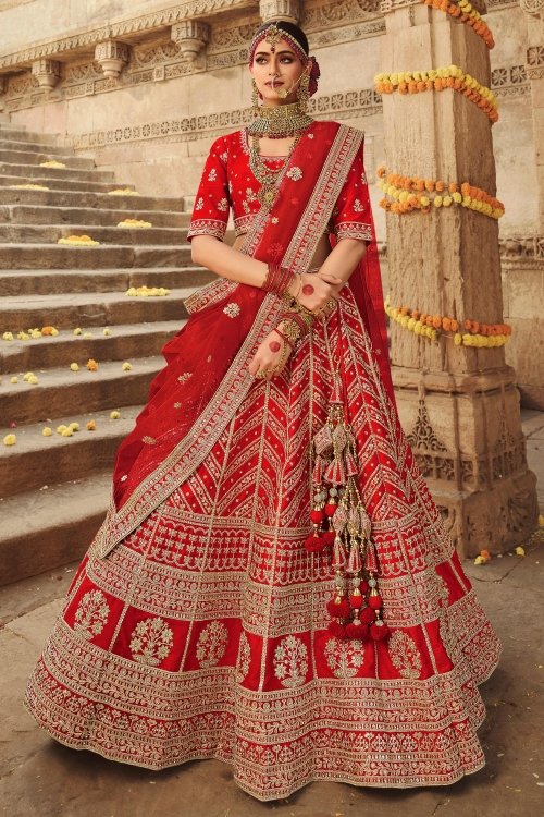 Red Silk Dori Embroidered Bridal Lehenga