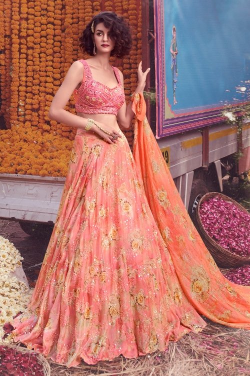 Pink Chinon Lehenga with Floral Print