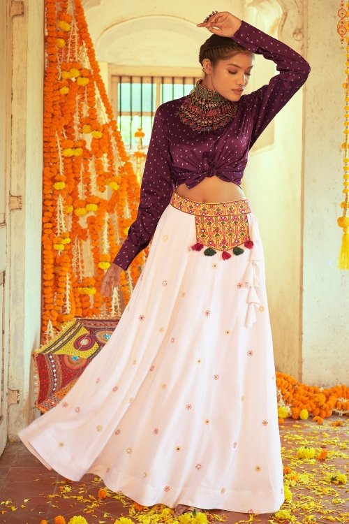 Pearl White Cotton Shirt Style Crop Top with Lehenga