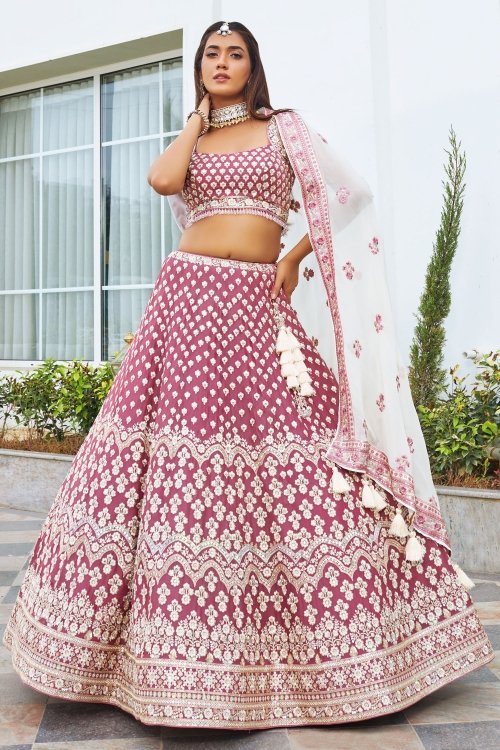 Pink Georgette Flared Lehenga with Embroidery