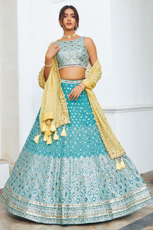Turquoise Blue Georgette All Over Sequins Work Lehenga
