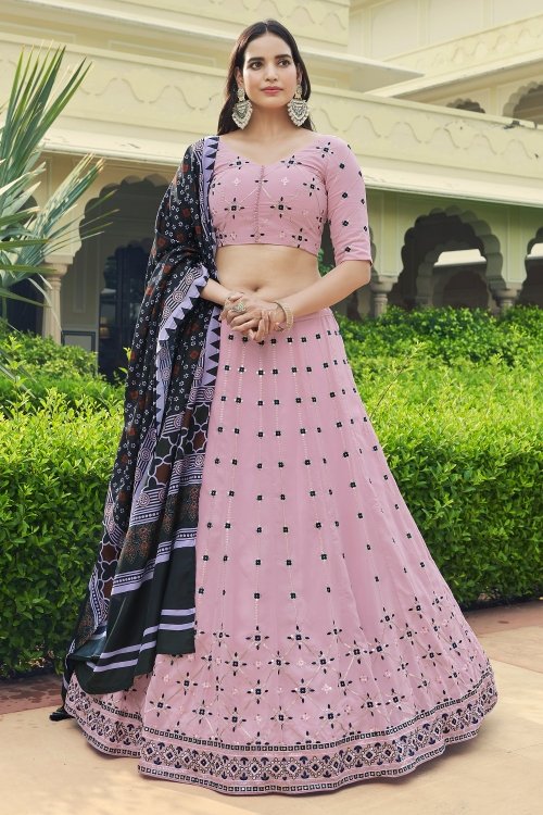 Dusty Pink Georgette Embroidered Flared Lehenga