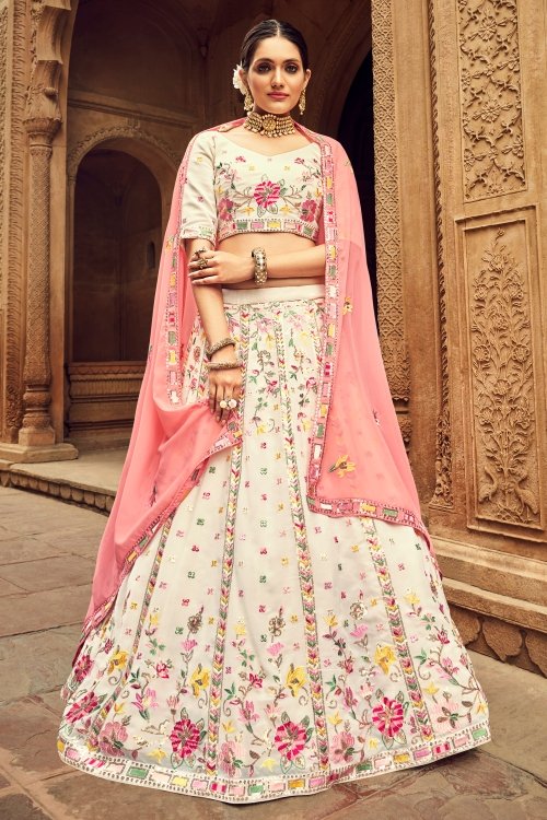 Cream Georgette Flared Lehenga with Embroidery