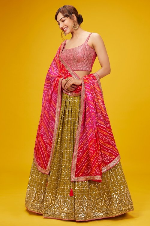 Dijon Yellow Flared Lehenga in Georgette with Heavy Sequins Work