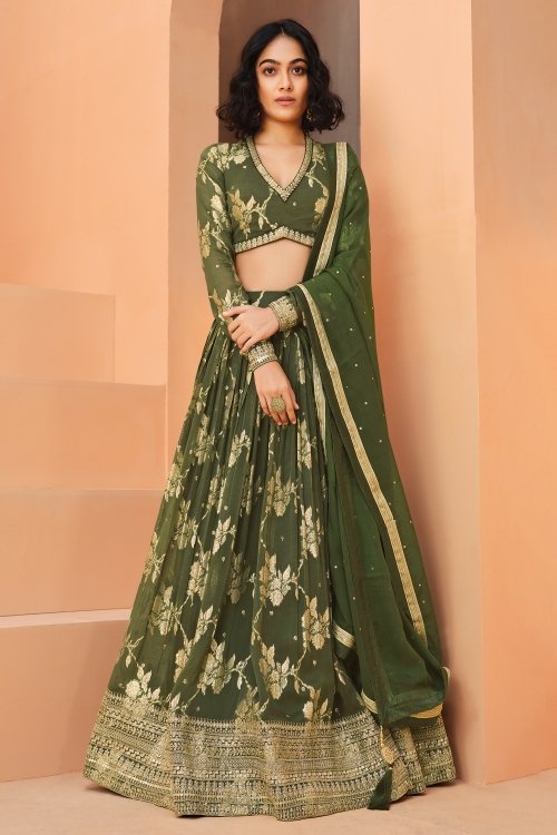 Army Green Floral Woven Lehenga in Georgette with Sequins Work
