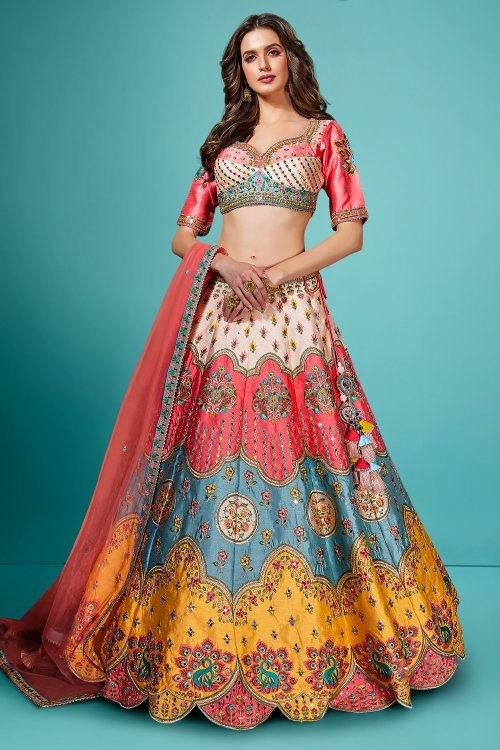 Multi Colored Raw Silk Lehenga with Floral Embroidery