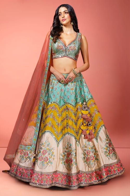 Multi Colored Raw Silk Lehenga with Floral Embroidery