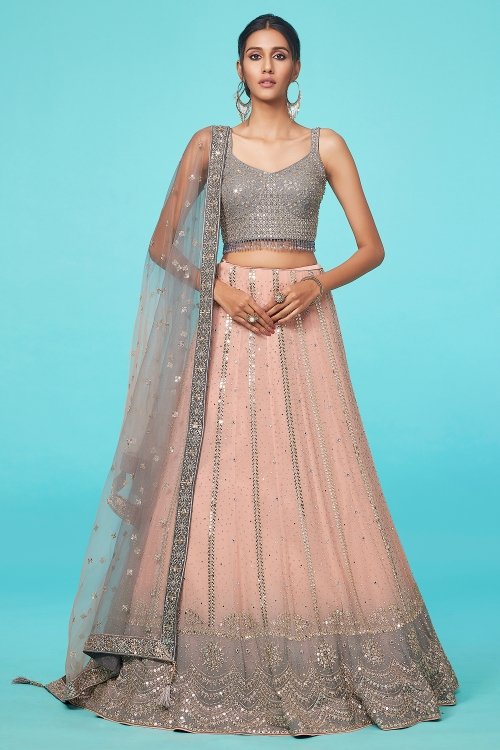 Tropical Peach and Grey Sequinned and Diamond Worked Lehenga in Georgette