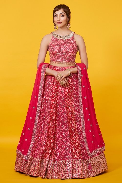 Ruby Pink and Red Flared Sequinned Lehenga Set in Georgette