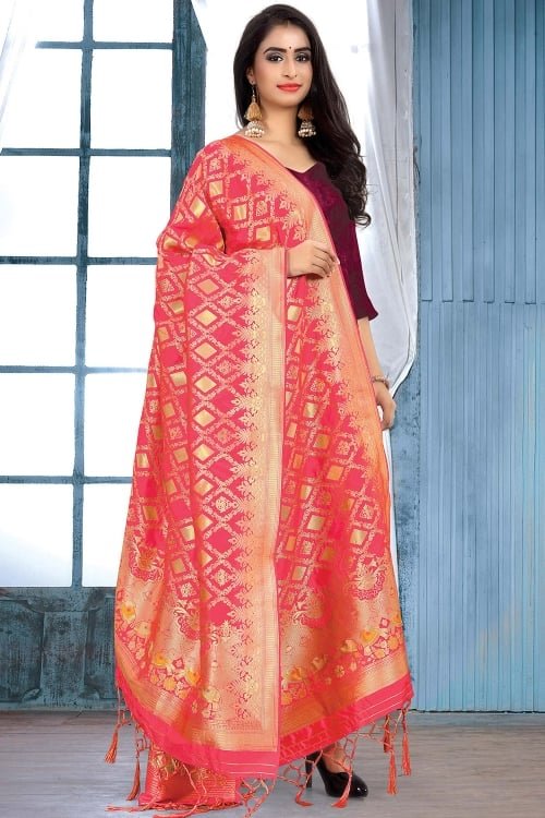 Coral Pink Banarasi Silk Woven Dupatta with Golden Highlights