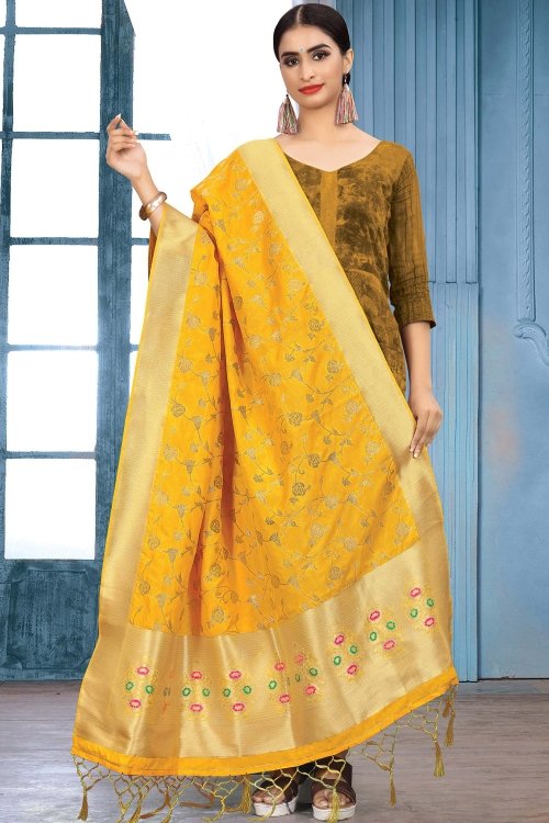 Yellow Banarasi Silk Floral Jaal Woven Dupatta