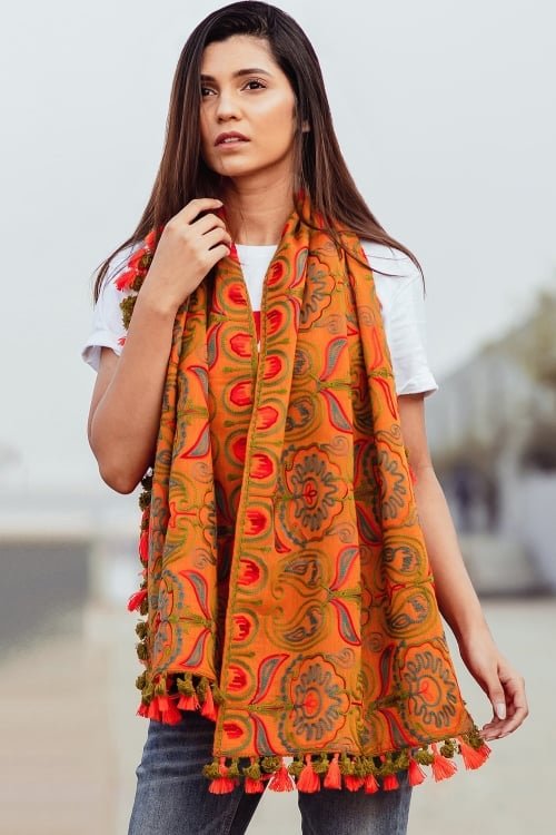 Orange Cotton Dupatta with Woolen Thread Embroidey and Tassels