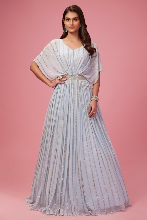 Light Blue Georgette Sequinned Flared Gown
