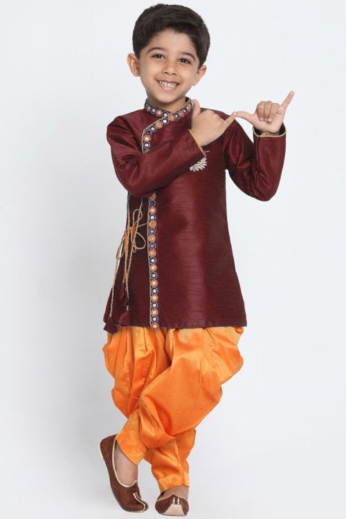 Maroon Dupion Silk Angrakha Style Kurta with Dhoti