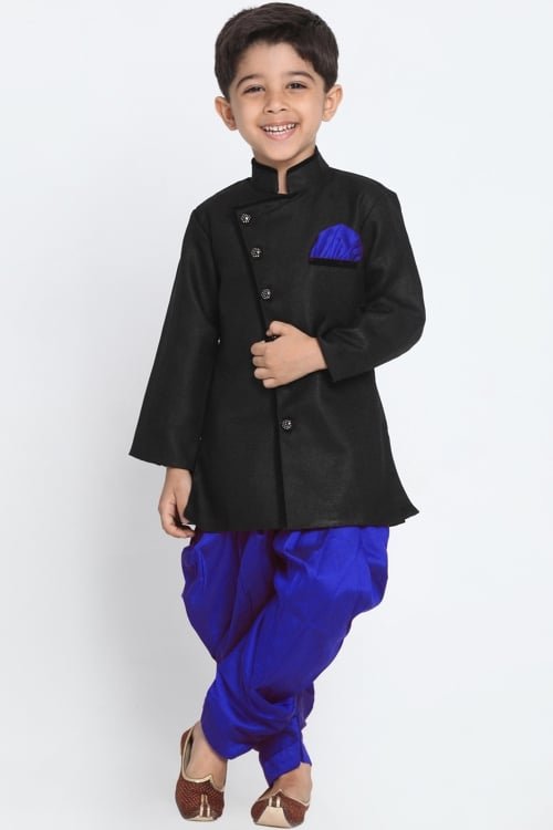 Black Dupion Silk Angrakha Style Kurta with Dhoti