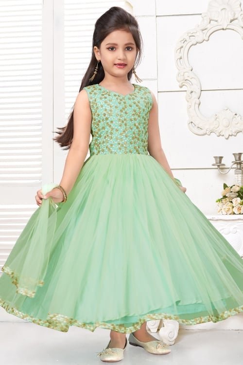 Mint Green Imported Silk Embroidered Flared Anarkali Suit