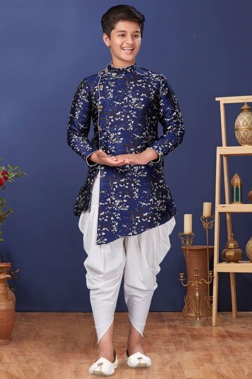 Blue Jacquard Silk Woven Angrkha Style Asymmetric Kurta with Dhoti