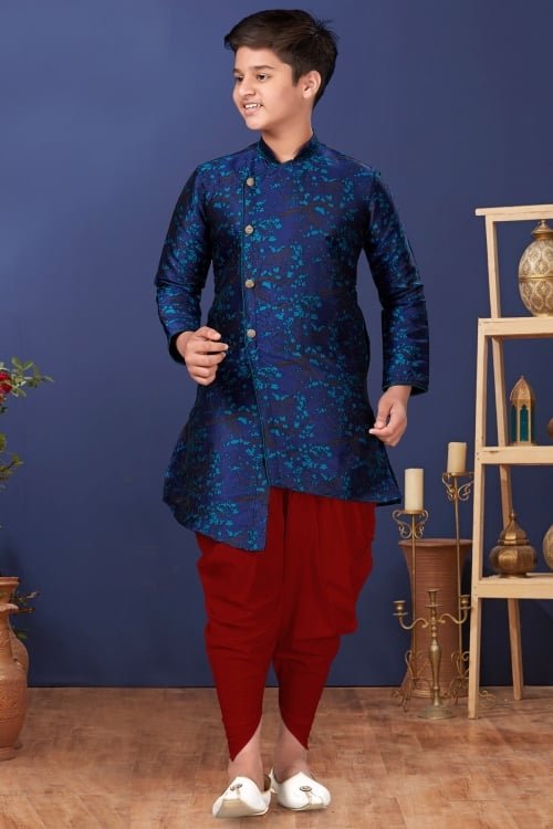 Blue Jacquard Silk Woven Asymmetric Kurta with Dhoti