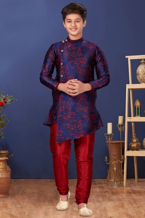 Blue Art Silk Woven Angrkha Style Asymmetric Kurta Pajama