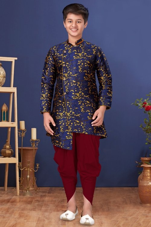 Blue Art Silk Woven Angrkha Style Kurta with Dhoti