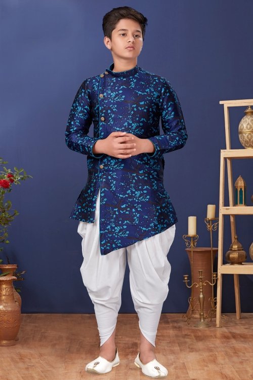 Blue Jacquard Silk Woven Angrkha Style Kurta with Dhoti