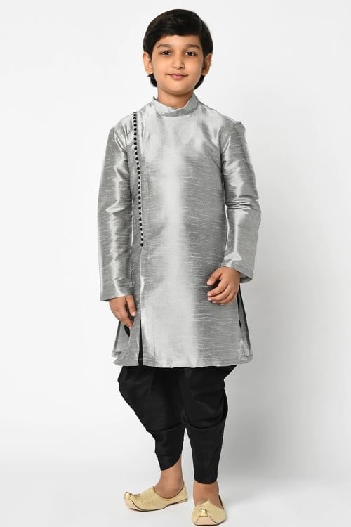 Grey Dupion Silk Angrakha Style Kurta with Dhoti