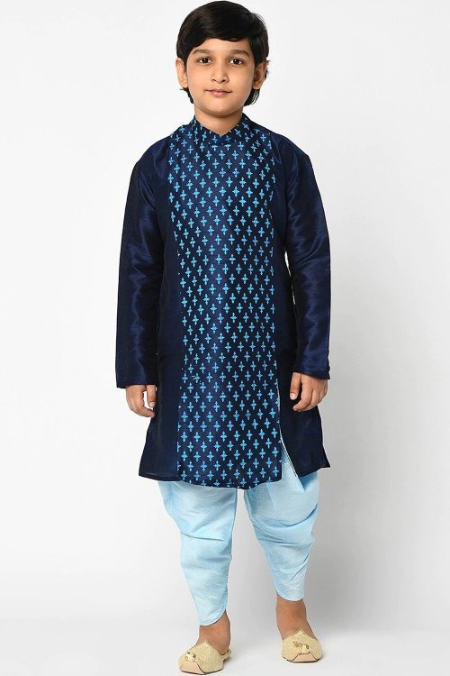 Blue Dupion Silk Angrakha Style Kurta with Dhoti