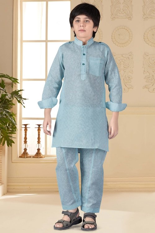 Mint Green Cotton Silk Plain Pathani Suit