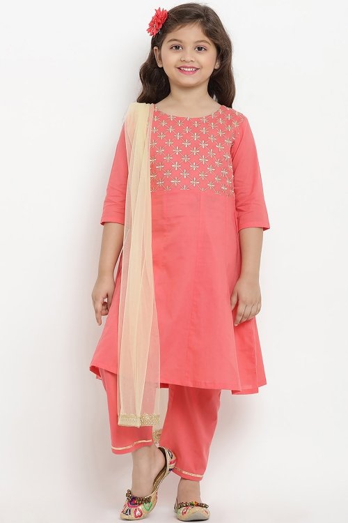 Peach Cotton Rayon Embroidered Suit
