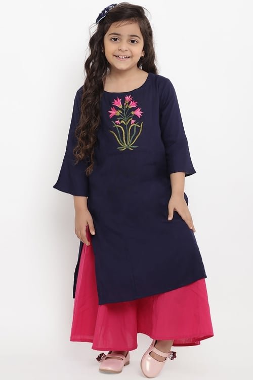 Navy Blue Cotton Rayon Straight Cut Palazzo Suit with Embroidery