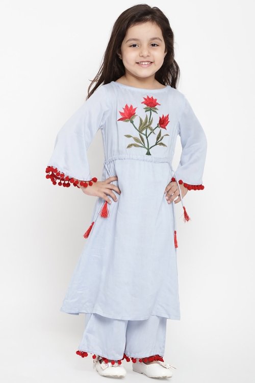 Sky Blue Cotton Rayon Embroidered Palazzo Suit with Pom Pom Sleeves