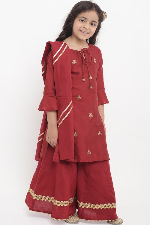 Maroon Cotton Rayon Straight Cut Palazzo Suit with Sequins Work