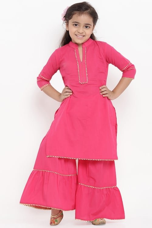Pink Cotton Rayon Sharara Suit with Gota Patti Lace
