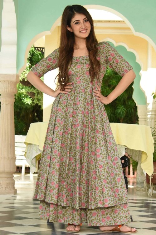 Sage Green Muslin All Over Pink Floral Printed Anarkali Kurti with Palazzo