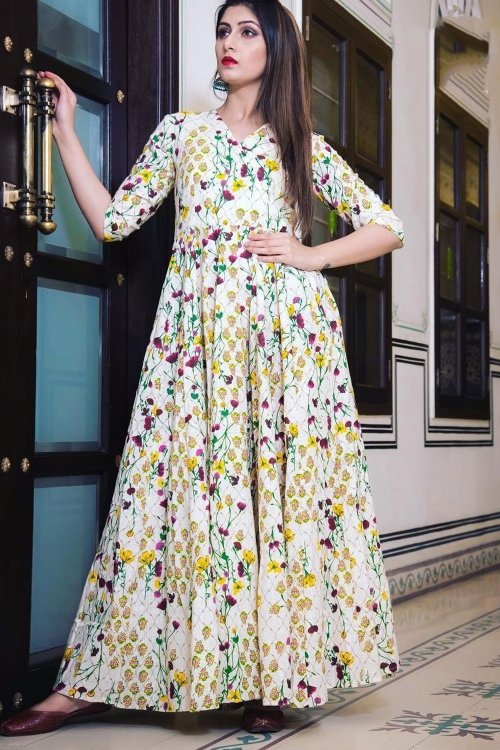 Off White Muslin Long Kurti with Floral Print
