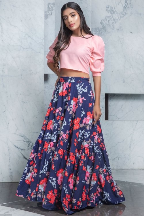 Pink Cotton Fancy Crop Top with Floral Printed Skirt