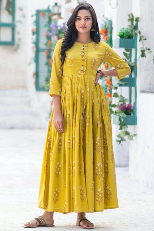 Yellow Muslin Pleated Long Kurti with Floral Print