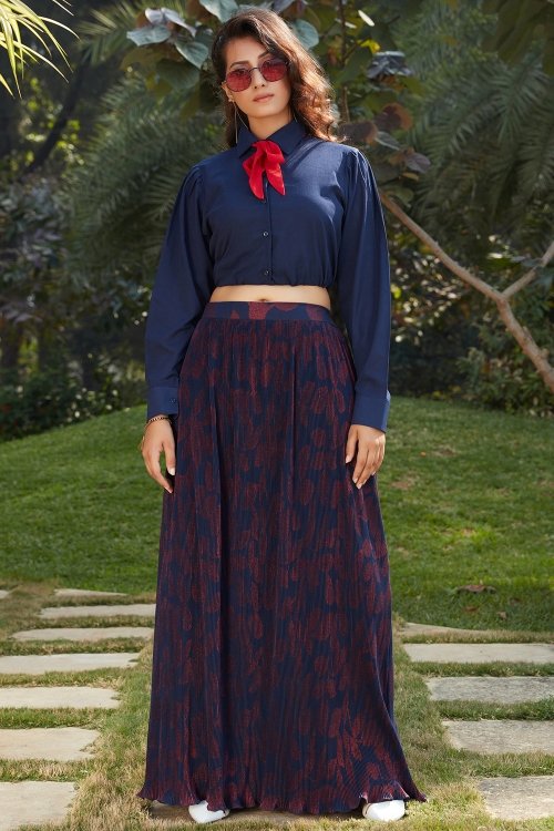 Blue Georgette Fancy Shirt Style Crop Top with Printed Skirt