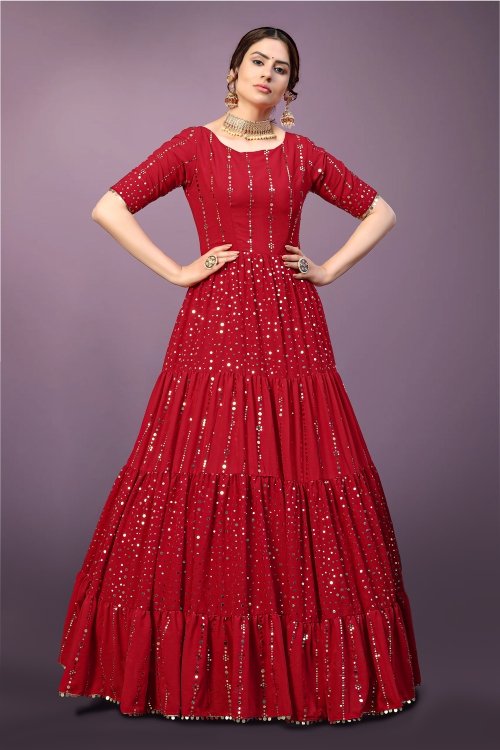 Red Georgette Flared Anarkali Kurti with Sequins