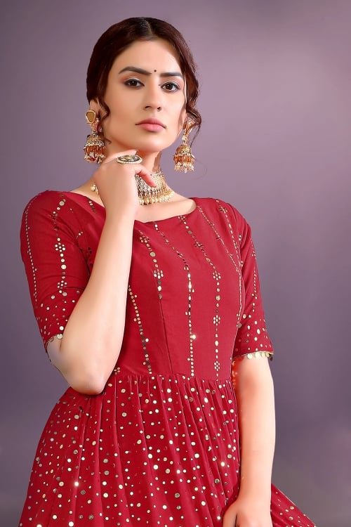 Red Georgette Flared Anarkali Kurti with Sequins