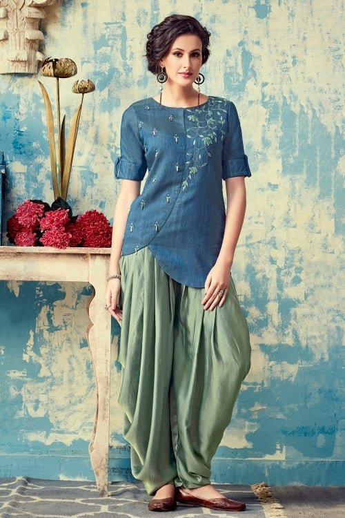 Blue Raw Silk Embroidered Top with Dhoti