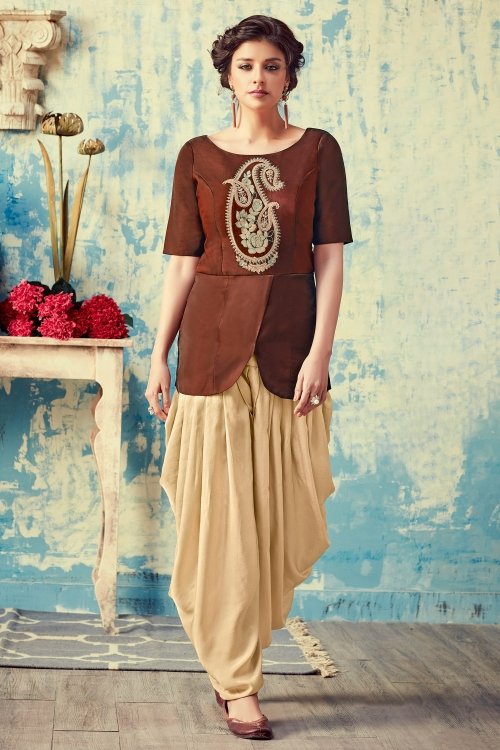 Brown Raw Silk Embroidered Top with Dhoti