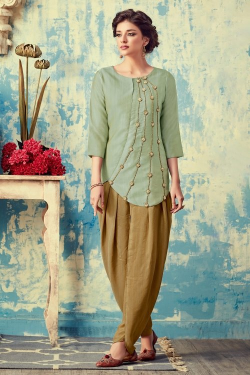 Light Green Raw Silk Embroidered Top with Dhoti