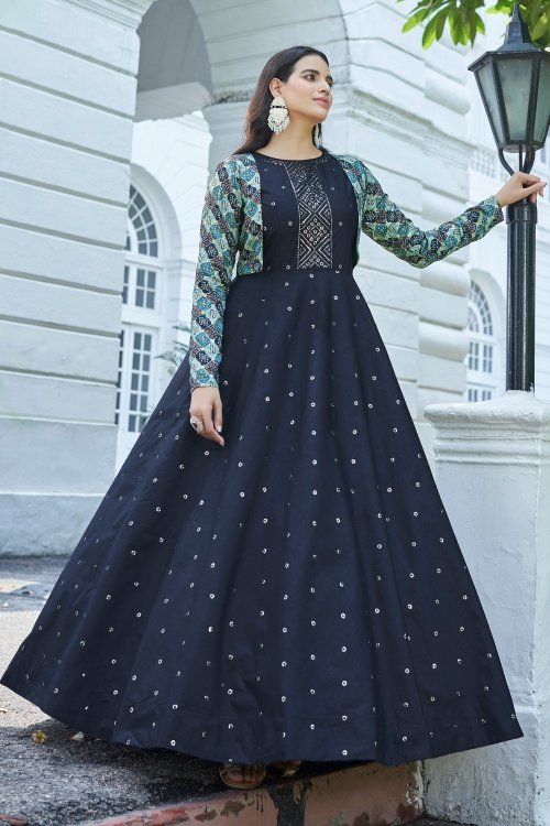 Blue Cotton Anarkali Sequinned Kurti with Jacket